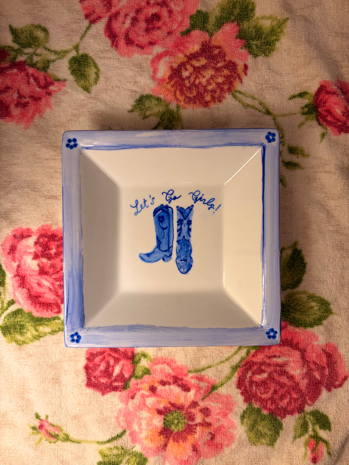 Blue hand painted let's go girls plate with blue cowboy boots