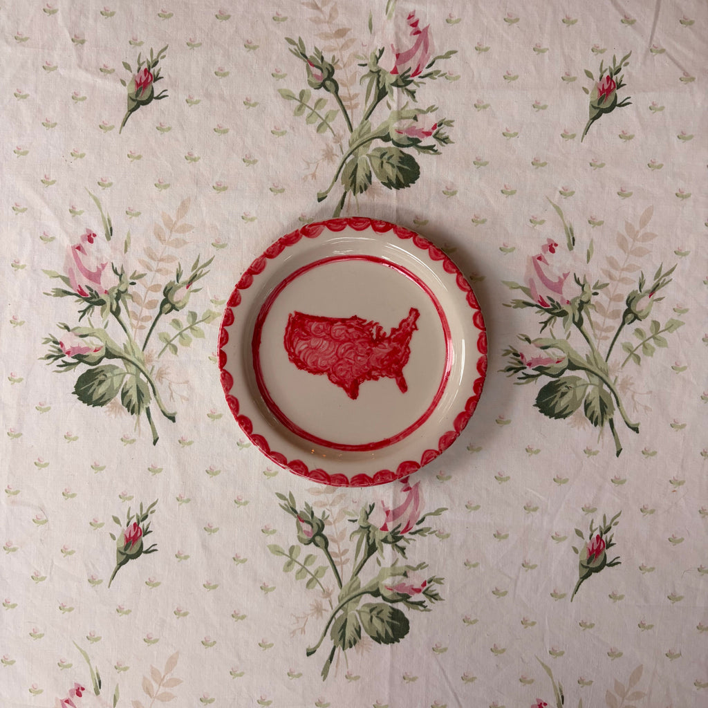 A red hand painted map of America framed with a dainty scalloped border on a small ivory plate