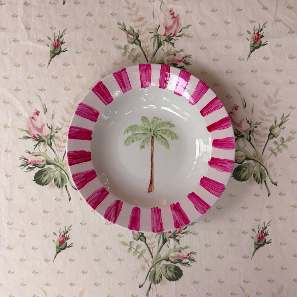 hand painted medium palm tree illustration with hot pink and light pink painted striped border